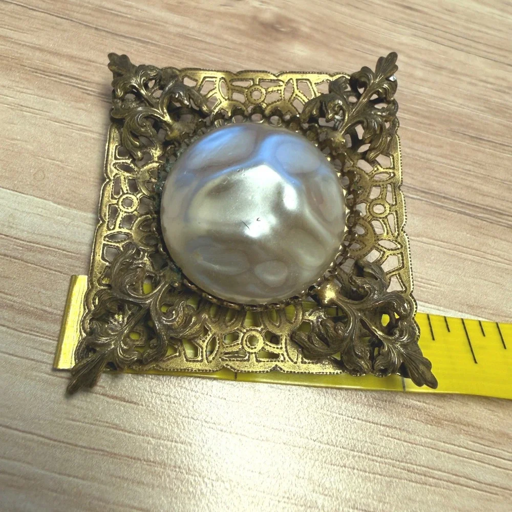Vtg Brass Filigree Square Brooch Large Faux Pearl Victorian Revival Gold Tone